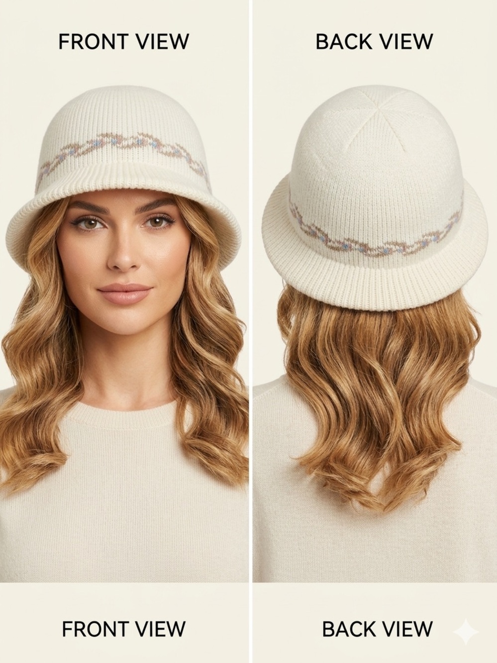 Cream Knit Bucket Hat with Subtle Multicolor Wave Trim
